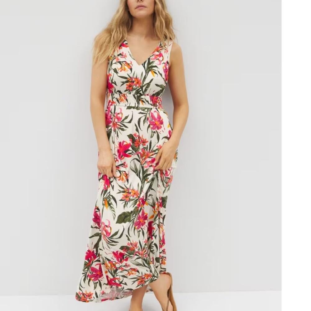 Soma Riviera Surplice Maxi Dress Womens Large Le Tigre Tropic Parchment Print